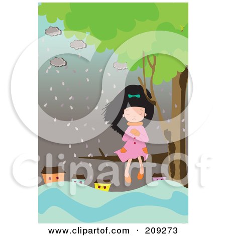 Royalty-Free (RF) Clipart Illustration of a Girl Sitting In A Tree Near A Flooded Village by mayawizard101