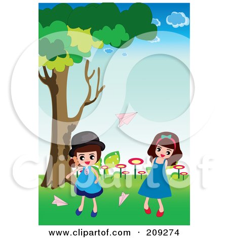 Royalty-Free (RF) Clipart Illustration of Girls Tossing Paper Planes Outside by mayawizard101