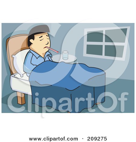 Royalty-Free (RF) Clipart Illustration of a Sick Asian Man With A Thermometer In His Mouth by mayawizard101