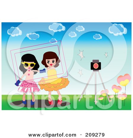 Royalty-Free (RF) Clipart Illustration of a Frame Around Two Girls By A Camera Outdoors. by mayawizard101