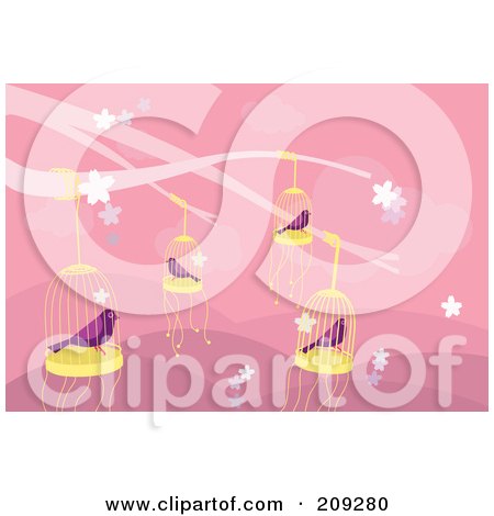 Royalty-Free (RF) Clipart Illustration of Purple Caged Birds Over Pink. by mayawizard101