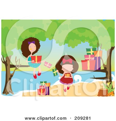 Royalty-Free (RF) Clipart Illustration of Two Girls Opening Presents Under Trees At A Beach by mayawizard101