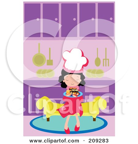 Royalty-Free (RF) Clipart Illustration of a Little Chef Girl Sitting On A Bench With A Plate Of Sushi In A Kitchen by mayawizard101