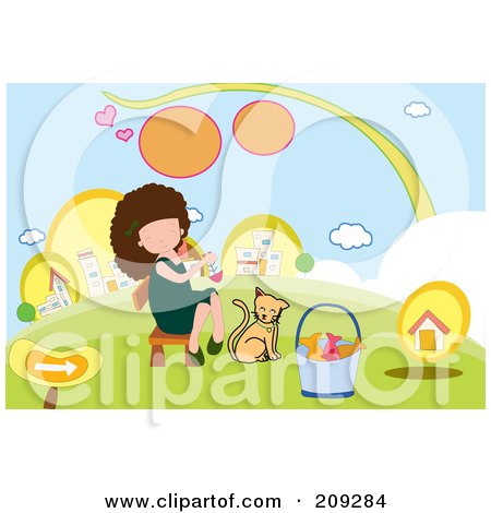 Royalty-Free (RF) Clipart Illustration of a Girl Taking A Fishbone From Her Cat by mayawizard101