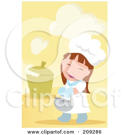 Royalty-Free (RF) Clipart Illustration of a Little Chef Girl Carrying A Bowl By A Steaming Pot by mayawizard101