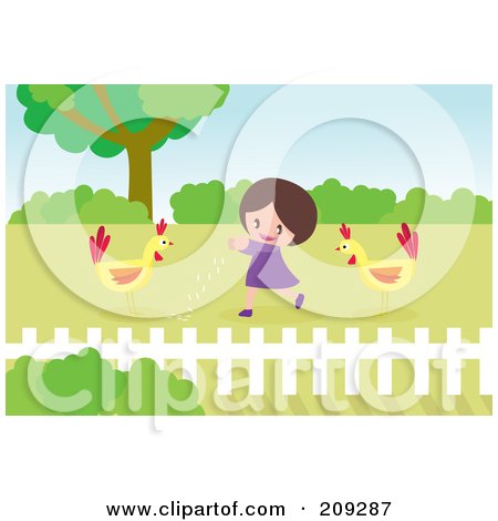 Royalty-Free (RF) Clipart Illustration of a Happy Girl Feeding Chickens In A Yard by mayawizard101