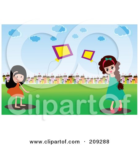 Royalty-Free (RF) Clipart Illustration of Two Girls Playing With Kites In A Field Near A Village by mayawizard101