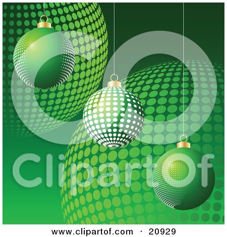 Clipart Illustration of Three Differently Patterned Christmas Baubles Suspended Over A Background Of Green Ornaments by elaineitalia
