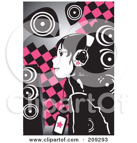 Royalty-Free (RF) Clipart Illustration of an Emo Girl Listening To Music Over Pink And Black Checkers by mayawizard101