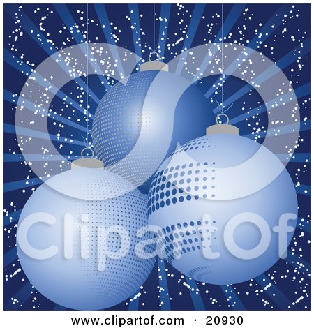 Clipart Illustration of Three Different Christmas Bauble Ornaments Suspended Over A Bursting Blue Background by elaineitalia