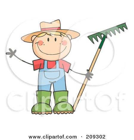 Royalty-Free (RF) Clipart Illustration of a Caucasian Farmer Boy Holding A Rake And Waving by Hit Toon