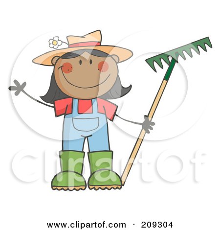 Royalty-Free (RF) Clipart Illustration of a Black Farmer Girl Holding A Rake And Waving by Hit Toon