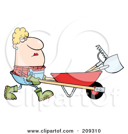 Royalty-Free (RF) Clipart Illustration of a Caucasian Female Landscaper Pushing A Rake And Shovel In A Wheelbarrow by Hit Toon