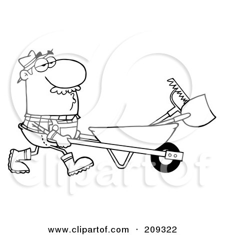 Royalty-Free (RF) Clipart Illustration of an Outlined Male Landscaper Pushing A Rake And Shovel In A Wheelbarrow by Hit Toon