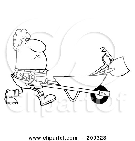 Royalty-Free (RF) Clipart Illustration of an Outlined Female Landscaper Pushing A Rake And Shovel In A Wheelbarrow by Hit Toon