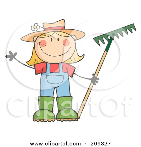 Royalty-Free (RF) Clipart Illustration of a Caucasian Farmer Girl Holding A Rake And Waving by Hit Toon