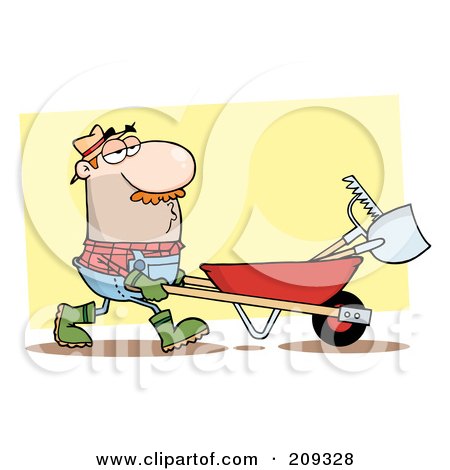 Royalty-Free (RF) Clipart Illustration of a Caucasian Guy Landscaper Pushing A Rake And Shovel In A Wheelbarrow by Hit Toon