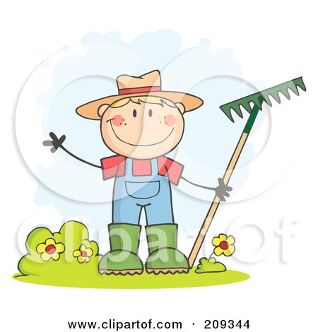 Royalty-Free (RF) Clipart Illustration of a Caucasian Farmer Boy Waving And Holding A Rake by Hit Toon