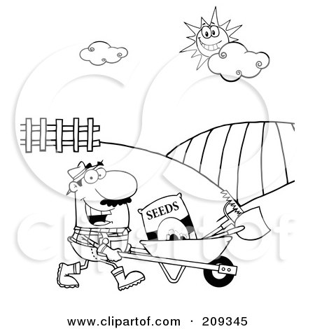 Royalty-Free (RF) Clipart Illustration of an Outlined Male Farmer Pushing Seeds, A Rake And Shovel In A Wheelbarrow by Hit Toon