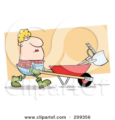 Royalty-Free (RF) Clipart Illustration of a Caucasian Lady Landscaper Pushing A Rake And Shovel In A Wheelbarrow by Hit Toon