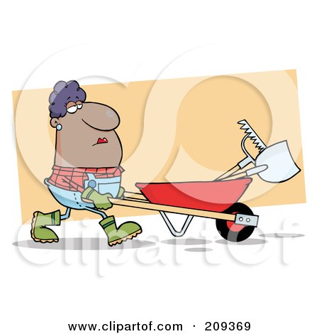 Royalty-Free (RF) Clipart Illustration of a Hispanic Lady Landscaper Pushing A Rake And Shovel In A Wheelbarrow by Hit Toon