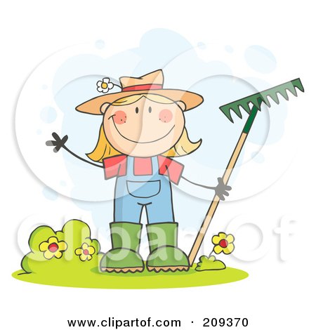 Royalty-Free (RF) Clipart Illustration of a Caucasian Farmer Girl Waving And Holding A Rake by Hit Toon