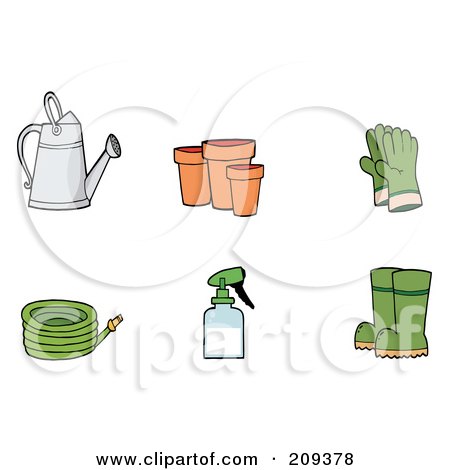 Royalty-Free (RF) Clipart Illustration of a Digital Collage Of A Watering Can, Pots, Gloves, A Hose, Spray Bottle And Boots by Hit Toon