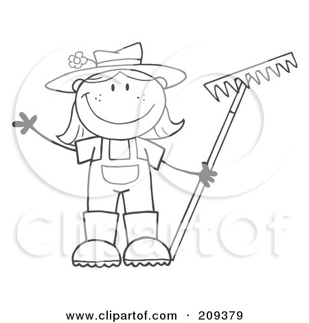 Royalty-Free (RF) Clipart Illustration of an Outlined Farmer Girl Holding A Rake And Waving by Hit Toon