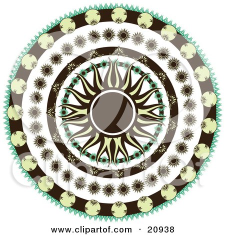 Clipart Illustration of a Retro Black And Yellow Sun In The Center Of A Circle Of Floral Patterns Over A White Background by elaineitalia