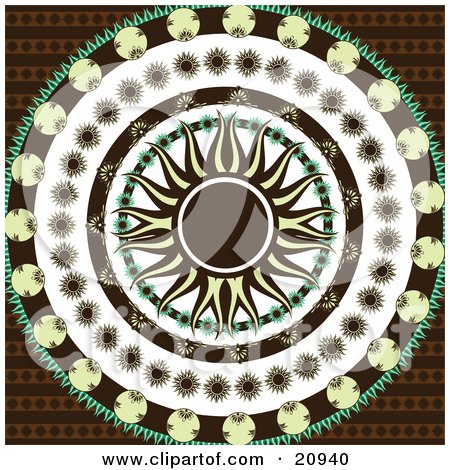 Clipart Illustration of a Retro Yellow And Black Sun In The Center Of Circles Of Black, Yellow, And Green Floral Patterns Over A Patterned Brown Background by elaineitalia