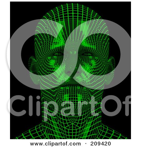 Royalty-Free (RF) Clipart Illustration of a 3d Green Wire Frame Virtual Male Head Facing Front by Tonis Pan