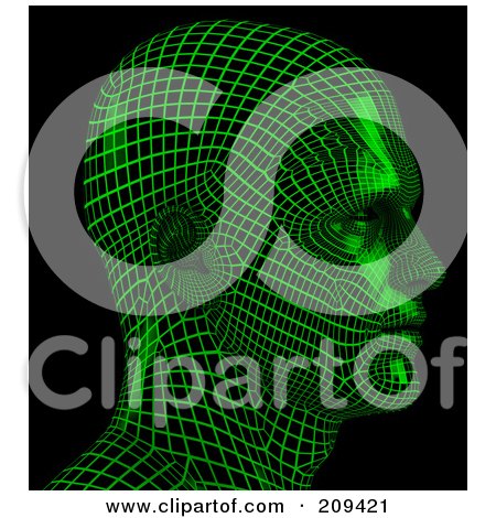 Royalty-Free (RF) Clipart Illustration of a 3d Green Wire Frame Virtual Male Head Facing Right by Tonis Pan