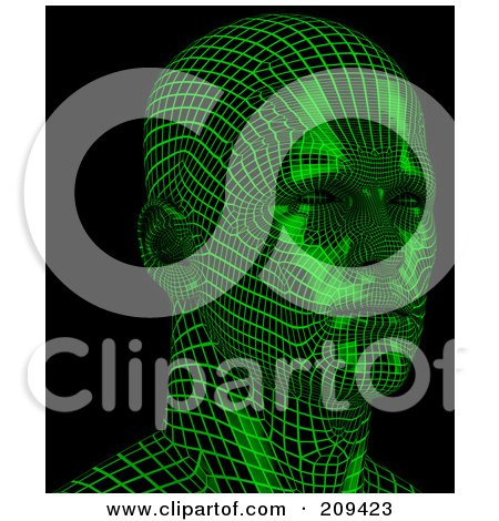 Royalty-Free (RF) Clipart Illustration of a 3d Green Wire Frame Virtual Male Head Facing Slightly Right by Tonis Pan