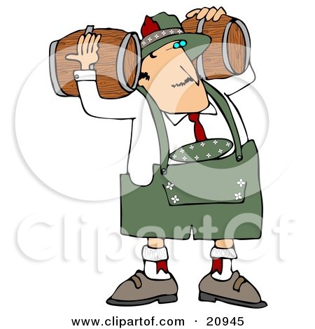 Clipart Illustration of an Oktoberfest Man Carrying Two Beer Keg Wood Barrels On His Shoulders by djart