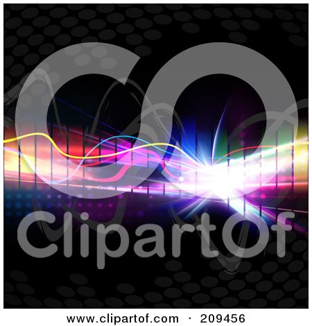 Royalty-Free (RF) Clipart Illustration of a Colorful Equalizer With Bright Light, Squiggly Lines And Halftone On Black by Arena Creative