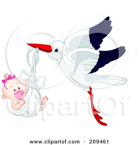 Royalty-Free (RF) Clipart Illustration of a Cute Stork Flying A Baby Boy With A Pacifier In A Blanket by Pushkin