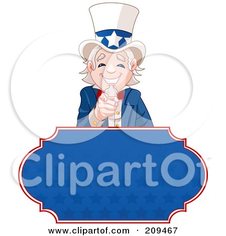 Royalty-Free (RF) Clipart Illustration of a Pointing And Smiling Uncle Sam Over A Blue Starry Sign by Pushkin