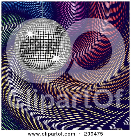 Royalty-Free (RF) Clipart Illustration of a Silver Disco Ball Over Colorful Swirls by elaineitalia