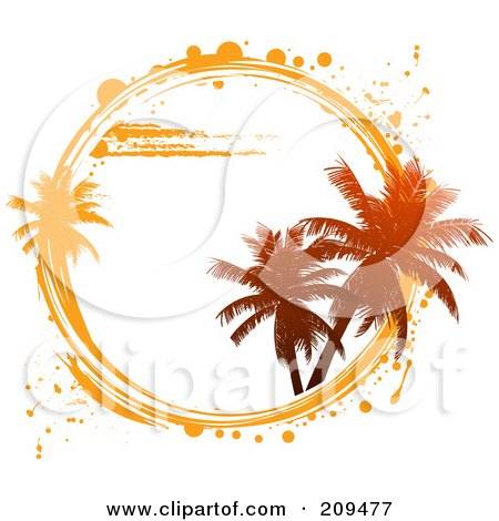 Royalty-Free (RF) Clipart Illustration of a White Circle With Palm Trees And White And Orange Grunge Marks by elaineitalia