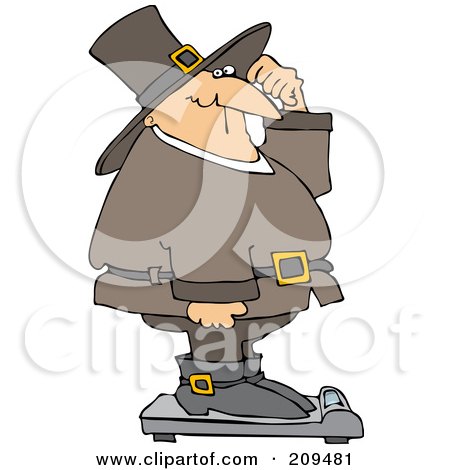 Royalty-Free (RF) Clipart Illustration of an Overweight Pilgrim Man Standing Confused On A Scale by djart