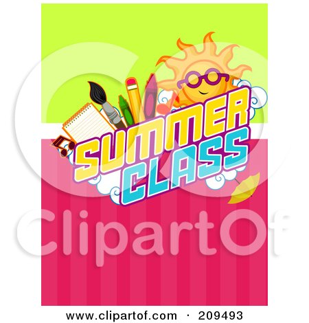 Royalty-Free (RF) Clipart Illustration of a Sun And School Items Over Summer Class Text by BNP Design Studio