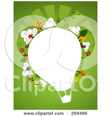 Royalty-Free (RF) Clipart Illustration of a White Hot Air Balloon With Plants, Birds, Butterflies And Trees Over Green by BNP Design Studio