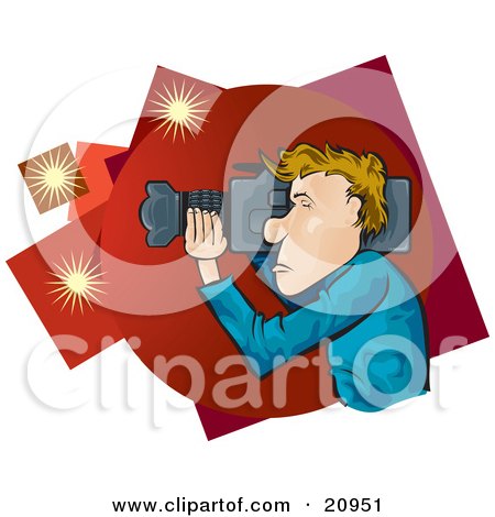 Clipart Picture of a Caucasian Camera Man In A Blue Shirt, Holding A Video Camera On His Shoulder And Focusing The Lens by Paulo Resende