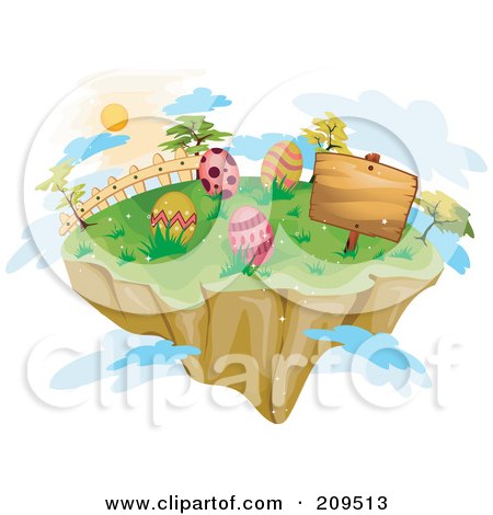 Royalty-Free (RF) Clipart Illustration of a Floating Island With Easter Eggs, A Sign And Clouds by BNP Design Studio