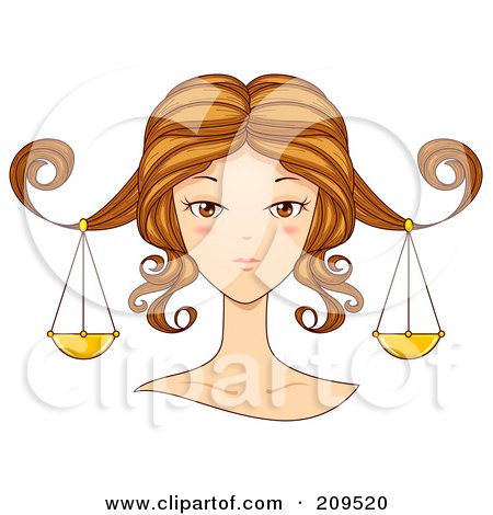 Royalty-Free (RF) Clipart Illustration of a Beautiful Libra Woman's Face With Scales Hanging From Her Hair by BNP Design Studio