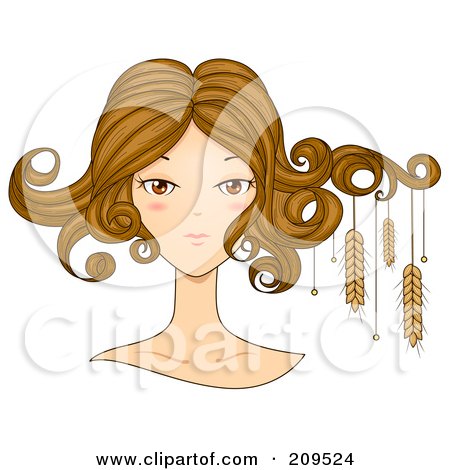 Royalty-Free (RF) Clipart Illustration of a Beautiful Virgo Woman's Face With Wheat Hanging From Her Hair by BNP Design Studio