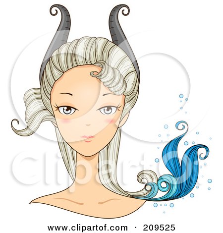 Royalty-Free (RF) Clipart Illustration of a Beautiful Capricorn Woman's Face With Horns And A Tail On Her Head by BNP Design Studio