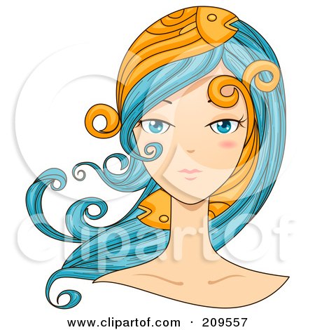 Royalty-Free (RF) Clipart Illustration of a Beautiful Pisces Woman's Face With Fish In Her Hair by BNP Design Studio