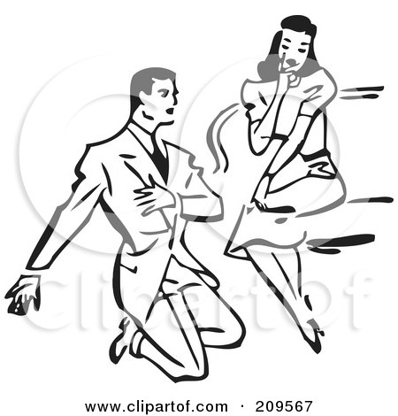 Royalty-Free (RF) Clipart Illustration of a Retro Black And White Man Kneeling And Proposing To A Woman by BestVector