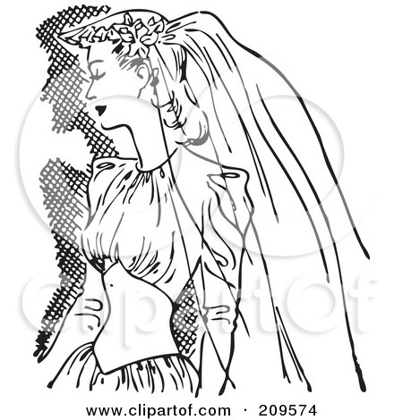 Royalty-Free (RF) Clipart Illustration of a Retro Black And White Bride In A Veil And Dress by BestVector